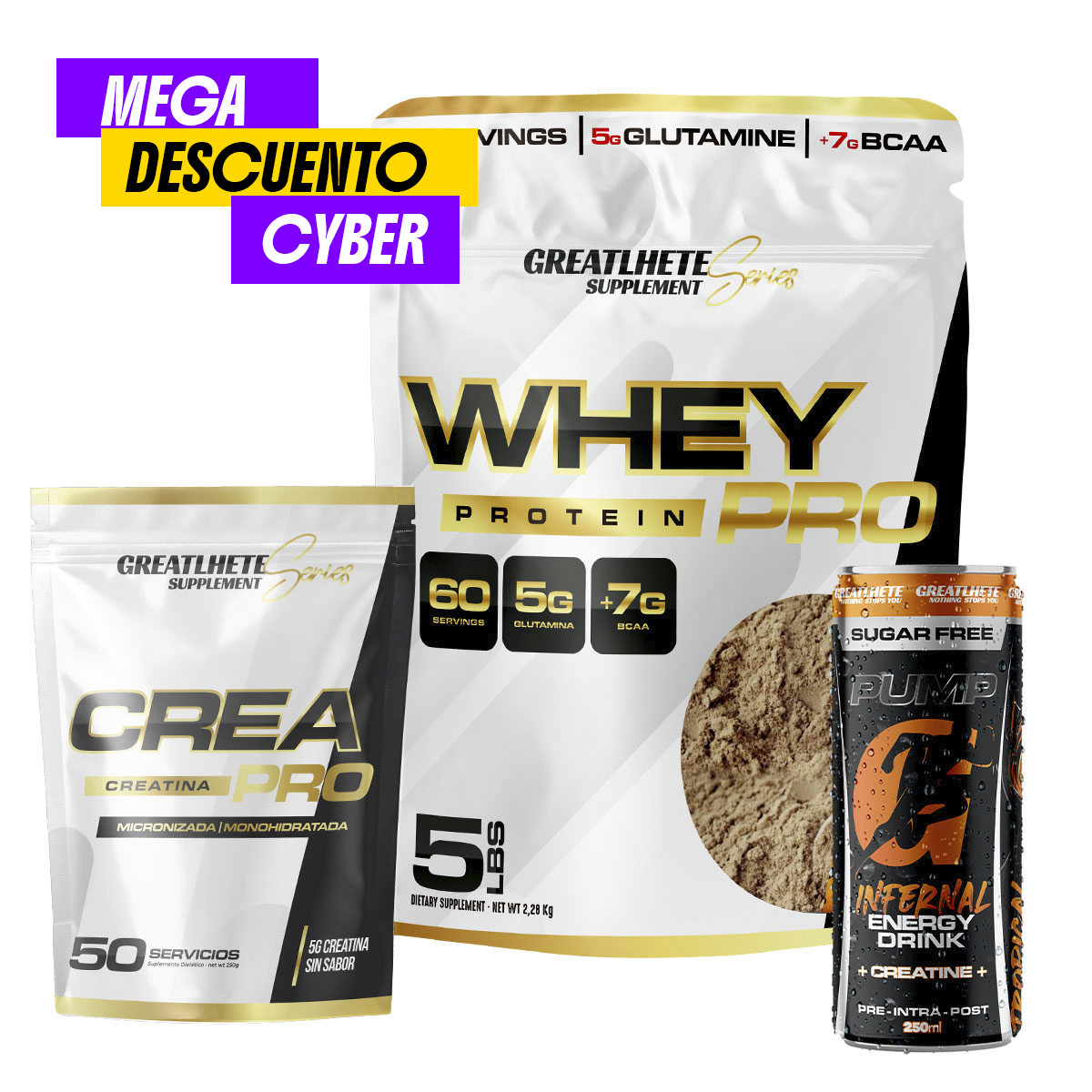 megadescuento-proteina2 Pack Crecimiento Whey Protein 5lbs + Crea Pro 50 serv bolsa + 6 G energydrink - Imagen 1