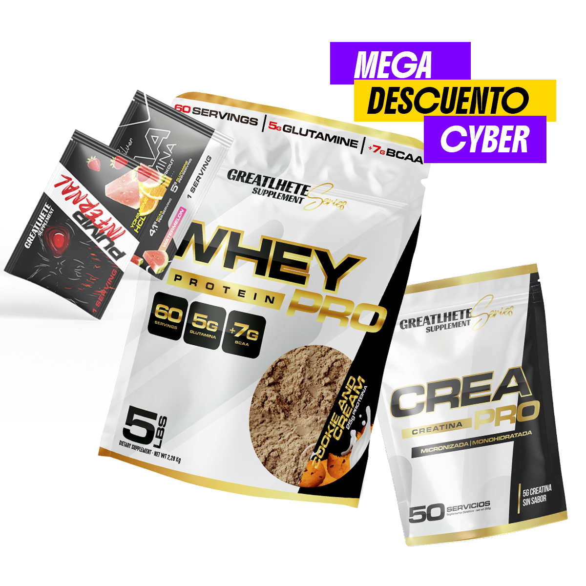 megadescuento-proteina1 Pack Crecimiento Whey Protein 5lbs + Crea Pro 50 serv bolsa + 3 muestras - Imagen 1